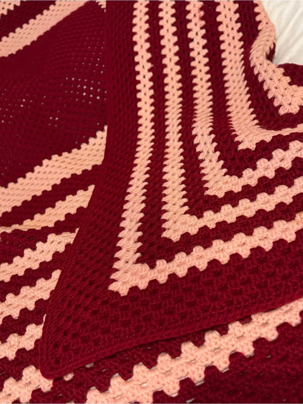 Handmade Crochet Afghan Burgundy Pink 61x63 Retro Cottagecore Blanket